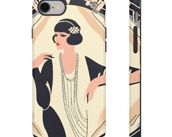 Puede incluir: Una funda de teléfono con una ilustración vintage de una mujer con un vestido negro y un collar de perlas. El fondo es de color crema con formas geométricas.