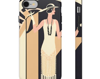 Puede incluir: Funda de teléfono con diseño art déco. La ilustración representa a una mujer con un vestido y sombrero de flapper, en una combinación de colores negro y crema. La funda tiene un borde negro y una vista lateral.