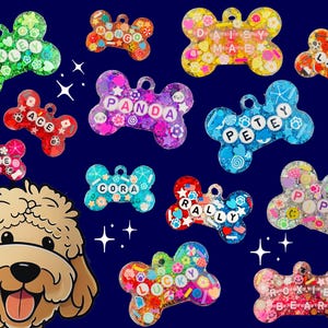 May include: A collection of colorful, bone-shaped pet tags with names like "Daisy Mae," "Panda," and "Lucky." Each tag is filled with glitter and decorative elements, set against a dark blue background with star accents. A cartoon dog is in the lower left corner.
