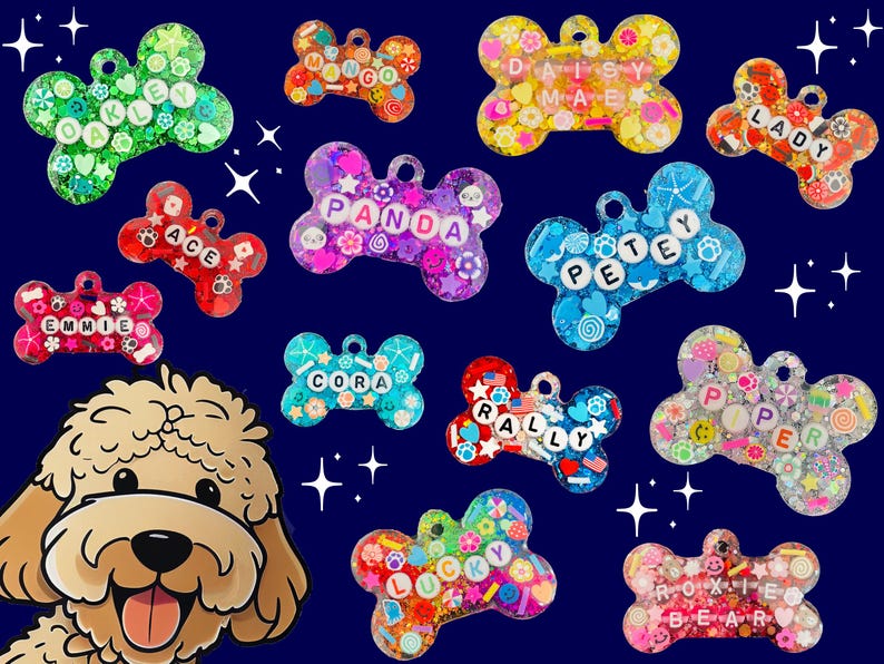 May include: A collection of colorful, bone-shaped pet tags with names like "Daisy Mae," "Panda," and "Lucky." Each tag is filled with glitter and decorative elements, set against a dark blue background with star accents. A cartoon dog is in the lower left corner.