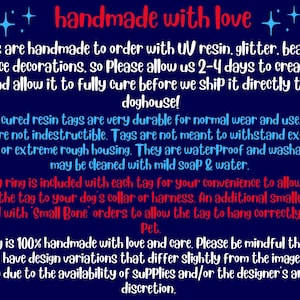 May include: Text on a navy blue background reads "handmade with love." The text describes handmade dog tags made with UV resin, glitter, beads, and clay slice decorations. The tags are durable, waterproof, and washable.