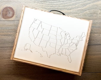 USA Map Travel Activity Kit | Kids Book & Art Case | Children’s Art Kit | Childs Briefcase | Wood Art Caddy | Busy Box | Write On Activity