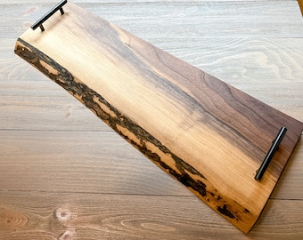 Live Edge Charcuterie Serving Tray | Personalized Walnut Board with Handles | Cutting Board | Farmhouse Wedding Décor | Party Event Supplies