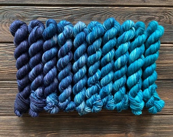Fade gradient Hand-dyed set of 10 mini skeins 20g 10 gram Navy, Blue, Teal fade ready to ship mini set 80% Superwash wool 20 nylon sock yarn