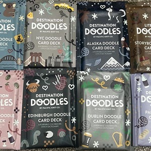 Doodle Deck Pacific Knit Co - Destination Doodles Literary Paris Dublin Edinburgh London Barcelona Alaska NYC wzór na robótkę na drutach w kolorze