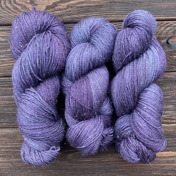 Purple Sparkle kettle dyed full skein 115 gram Hand dyed - 84% Superwash wool 16 Stellina sock yarn