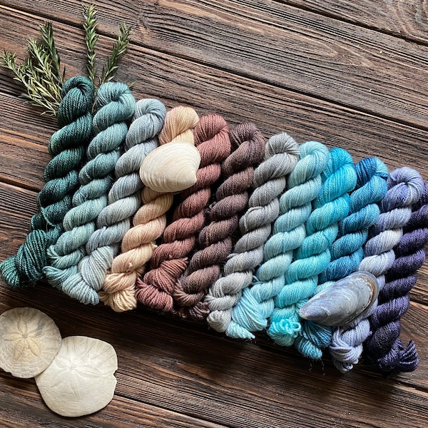Cascadia West Coast Fade Handgefärbtes Set 12 Mini Stränge 10g 20g 50g ganzer Strang versandfertig Mini-Set 80% Superwash Wolle 20Nylon Sock DK Wolle