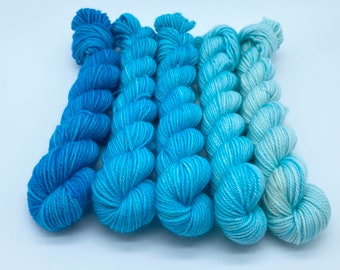 Fade gradient Hand-dyed set of 5 mini skeins 20 grams each, Aquamarine ready to ship mini set - 80% Superwash wool 20 Nylon sock yarn