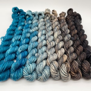 Custom size Fade gradient Hand-dyed set mini skeins shawl sweater Teal Brown fade dyed to order mini set 80%Superwash wool 20nylon sock yarn