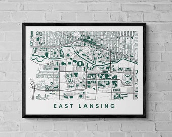 college town map, East Lansing Map Print, college graduation gift, Michigan State Christmas gift, college apartment wall decor, dorm decor,