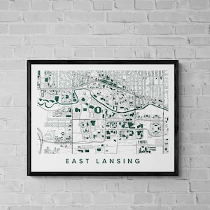 college town map, East Lansing Map Print, college graduation gift, Michigan State Christmas gift, college apartment wall decor, dorm decor,