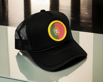 Portugal Flag Trucker Hat - Cristiano Ronaldo Hat - Black Luxury Hat With Gold Frame - show your love for Portugal with this luxurious hat.