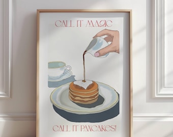 Lámina artística de desayuno con tortitas, ilustración de cocina "Llámalo tortitas", póster divertido de desayuno - Producto digital