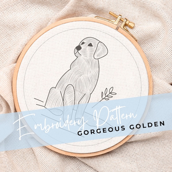 Kit de broderie Golden Retriever - Modèle numérique PDF | Motif de broderie chien facile à faire soi-même pour les amateurs de travaux manuels