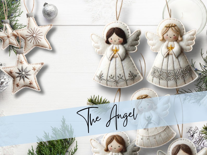 May include: A set of five felt Christmas ornaments, including four angels and one star. The angels are white with gray embroidery and gold accents. The star is white with gray embroidery and a brown center. The ornaments are hanging from a white background.
