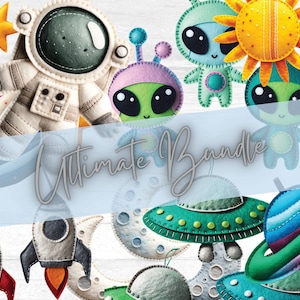 Puede incluir: Un conjunto de patrones de aplique de fieltro con temática espacial, que incluye un astronauta, extraterrestres, una nave espacial, un sol, una luna y planetas. Los patrones son perfectos para crear manualidades únicas y caprichosas.