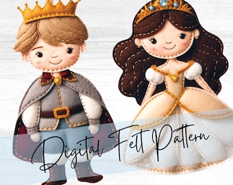 May include: A digital felt pattern for a prince and princess. The prince is wearing a gray and red costume with a gold crown. The princess is wearing a white and gold dress with a gold crown. The text "Digital Felt Pattern" is superimposed on the image.