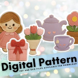 Modello di cucito per ornamenti in feltro per la festa della mamma: teiera, fiori (SVG e PDF)