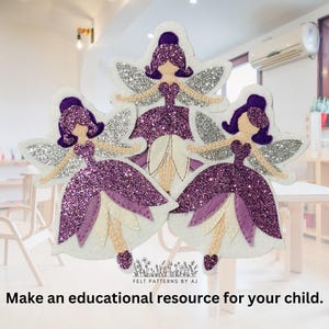 Pu&ograve; includere: Tre figure di fate in feltro viola con ali di glitter argentate e dettagli bianchi. Le fate indossano abiti viola e hanno ali bianche. Le fate sono disposte a forma di triangolo. Il testo "Make an educational resource for your child." &egrave; nella parte inferiore dell'immagine.