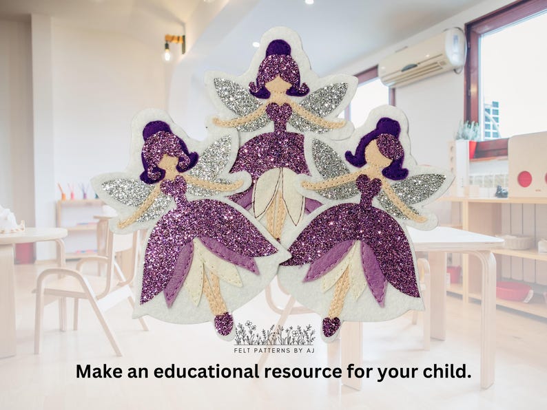 Pu&ograve; includere: Tre figure di fate in feltro viola con ali di glitter argentate e dettagli bianchi. Le fate indossano abiti viola e hanno ali bianche. Le fate sono disposte a forma di triangolo. Il testo "Make an educational resource for your child." &egrave; nella parte inferiore dell'immagine.