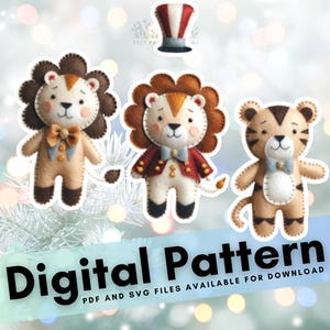 Modello di cucito digitale in feltro per libri silenziosi, giocattoli e decorazioni natalizie con leone e tigre da circo