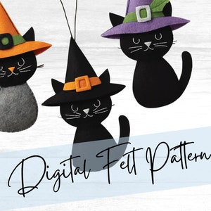 Modèle numérique motif feutre chat noir en chapeau de sorcière : créez votre propre félin effrayant !