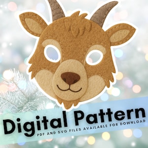 Puede incluir: Una máscara de cabra de fieltro marrón con aberturas blancas para los ojos, cuernos marrones y una nariz marrón oscuro. La máscara está sobre un fondo borroso con el texto "Digital Pattern" en negro.