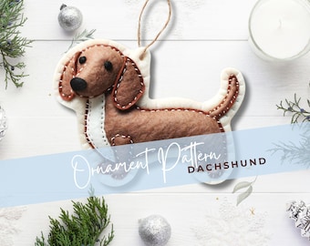 May include: Felt ornament pattern for a dachshund dog. The pattern is brown with white accents and has a string for hanging.