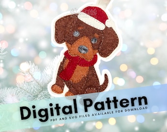 Dachshund Christmas Ornament Pattern: Felt Dog with Hat (Digital PDF + SVG)