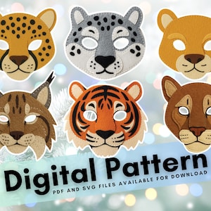 Puede incluir: Máscaras de animales de fieltro, incluyendo un guepardo, un leopardo, un puma, un lince, un tigre y un gato marrón. Las máscaras son de varios tonos de marrón, naranja, gris y negro. El texto "Digital Pattern" se muestra en la parte inferior.