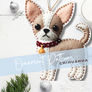 Może przedstawiać: Wz&oacute;r ozdoby filcowej dla psa rasy chihuahua. Wz&oacute;r jest dla brązowego i białego chihuahua z czerwonymi szwami. Wz&oacute;r znajduje się na białym drewnianym tle z niebieskim banerem, na kt&oacute;rym widnieje napis "Wz&oacute;r ozdoby chihuahua".