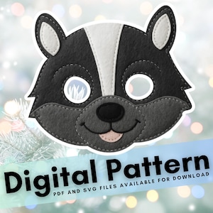 May include: A felt badger mask in black, white, and grey, with eye holes and a smiling face. The mask is a digital pattern, with the text "Digital Pattern" and "PDF and SVG files available for download".