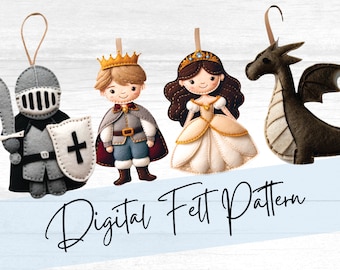 May include: A digital felt pattern for creating a knight, a prince, a princess, and a dragon. The pattern includes instructions for sewing the felt pieces together.