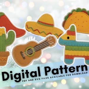 Motif d'ornement en feutre Cinco de Mayo : tacos, cactus, guitare (PDF et SVG)