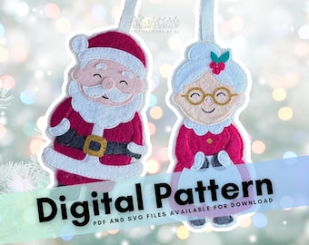 May include: Felt Christmas ornaments featuring Santa Claus and Mrs. Claus. Santa wears a red suit with a black belt and a white beard. Mrs. Claus wears a red dress and glasses. The ornaments have white hanging ribbons. The words "Digital Pattern" are across the bottom.