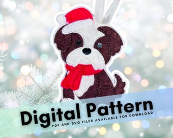 Shih Tzu Christmas Ornament Pattern: Felt Dog with Hat (Digital PDF + SVG)