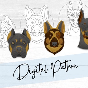 May include: Digital pattern featuring four dog breeds: a German Shepherd, a Doberman Pinscher, a Boxer, and a Bulldog. The dogs are illustrated in a cartoon style with brown, black, and white fur.