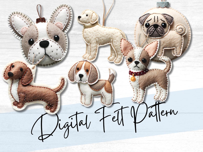 Może przedstawiać: Cyfrowy wz&oacute;r filcowy do wykonania sześciu r&oacute;żnych ozd&oacute;b w kształcie psa. Ozdoby obejmują jamnika, beagle'a, chihuahua, mopsa, buldoga francuskiego i labradora. Wz&oacute;r jest dostępny jako plik do pobrania.