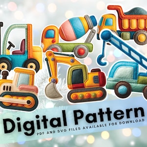 Modelli fai da te per veicoli da costruzione in feltro e ricamo - Crea giocattoli e ornamenti - Download immediato + SVG