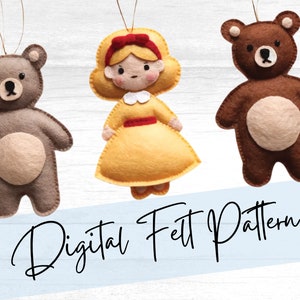 May include: Three felt ornaments: two brown teddy bears and a doll in a yellow dress. The bears have tan bellies, and the doll has a red bow. The text "Digital Felt Pattern" is below the ornaments.