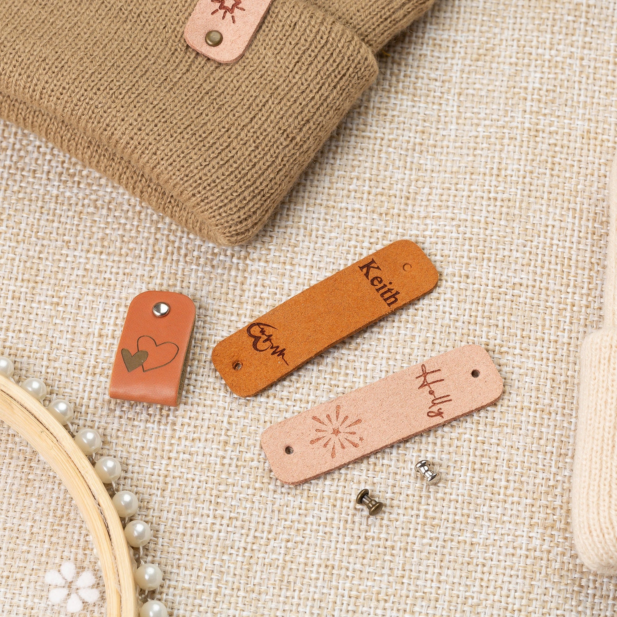 Custom Tags 2.75 X 0.75 Inch for Knits and Crochet, Faux Leather Labels for Handmade  Items, Leather Tags With Rivets, Tags for Knitted Hats 