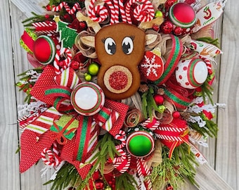 XL Reindeer Christmas Wreath | Oversized Holiday Door Decor | Candy Cane Christmas Wreath | Red & Green Front Door Wreath