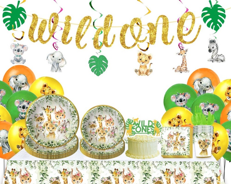 Jungle Safari Party Tableware Baby Shower Wild One Birthday Decorations Animals Tablecloth Paper Plates Napkins Cups Straws