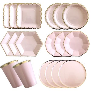Einweg Party Geschirr Tasse Teller Baby Shower Geburtstag Party Versorgung Karneval Hochzeit Gefälligkeiten Geschirr Dekoration Rose Pink