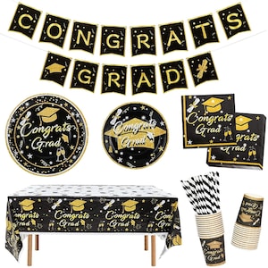 Graduation Party Tableware Disposable Plates Napkins Cups Tablecloth Straws Banners Congrats Grad Party Supplies Decorations Dinnerware
