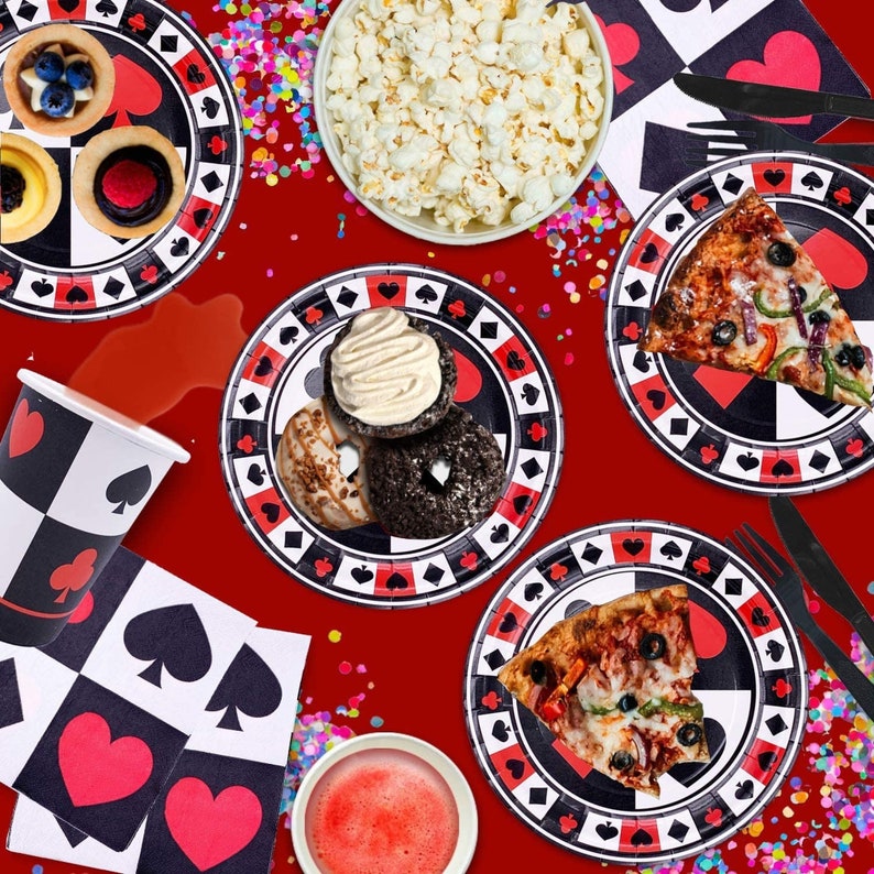 May include: A set of four red and white paper plates with a playing card design. The plates feature a variety of snacks, including popcorn, doughnuts, pizza, and cupcakes.