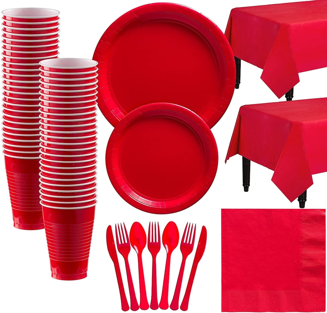 Red Plastic Party Tableware Set Plates Cups Table Cover Napkin