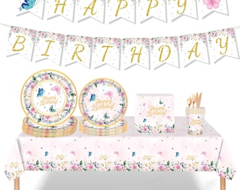 Butterfly Floral Party Tableware Girls Baby Shower Plates Napkins Cups Straws Disposable Birthday Dinnerware Banner Wedding Decorations