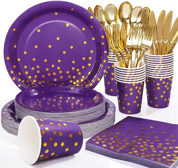 Purple Gold Party Tableware Plates Napkins Cups Silverware Wedding