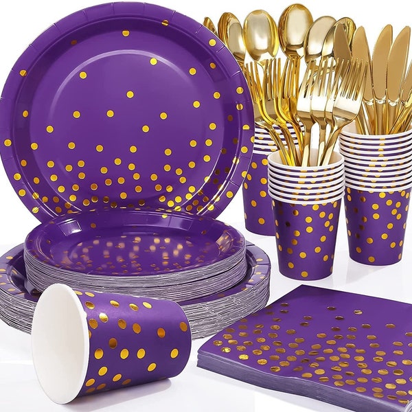 Purple Gold Party Tableware Plates Napkins Cups Silverware Wedding Bridal Shower Engagement Birthday Dinnerware Party Supplies Decoration